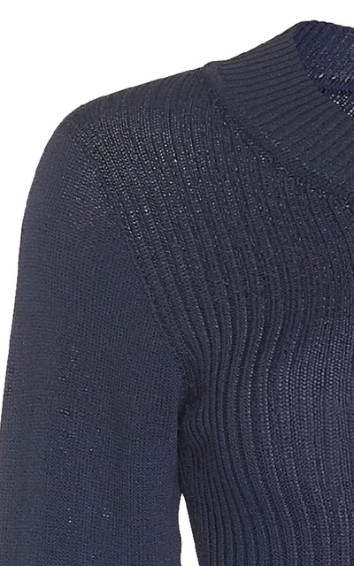 Shop Jacquemus Stephanie Long-sleeve Ribbed-knit Bodysuit In Navy