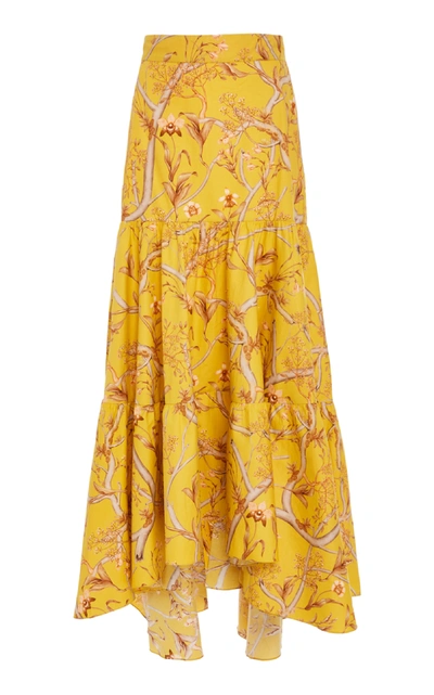 Shop Johanna Ortiz La Cumbia Asymmetric Floral Cotton-poplin Maxi Skirt In Yellow