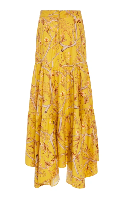 Shop Johanna Ortiz La Cumbia Asymmetric Floral Cotton-poplin Maxi Skirt In Yellow