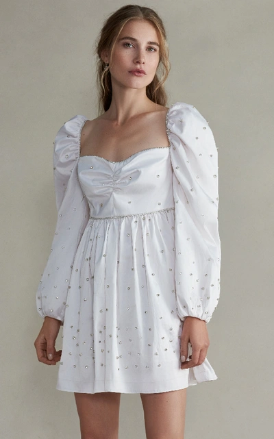 Shop Markarian Caspian Mini Silk Embellished Dress With Gathered Puff Sleeve In White