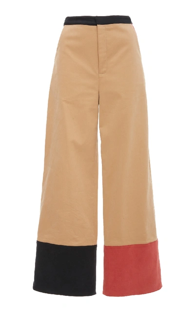 Shop Rosie Assoulin Cropped Color-blocked Cotton Wide-leg Pants In Neutral