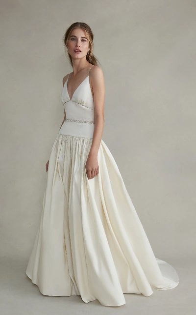 Shop Markarian Jasmine V-neck Jeweled Silk Gathered Gown In White
