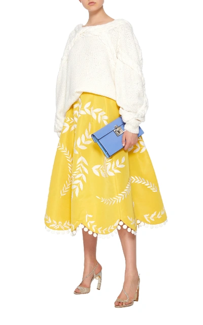 Shop Oscar De La Renta Scalloped Silk Midi Skirt In Yellow