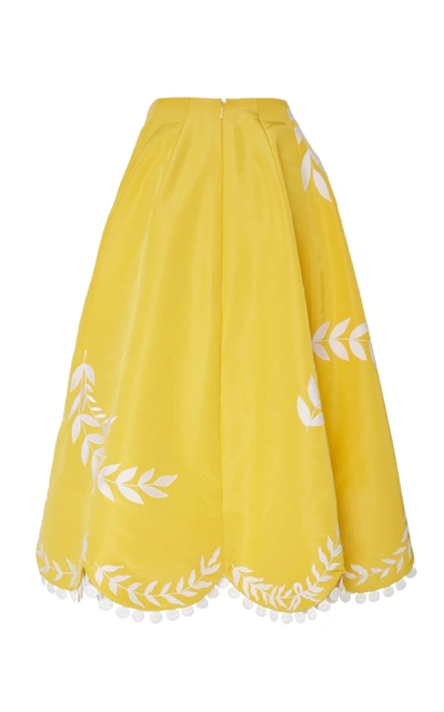 Shop Oscar De La Renta Scalloped Silk Midi Skirt In Yellow