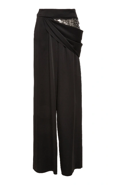 Shop Monse Sequin-panel Draped Wide-leg Stretch-wool Pants In Black