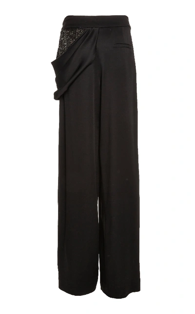 Shop Monse Sequin-panel Draped Wide-leg Stretch-wool Pants In Black