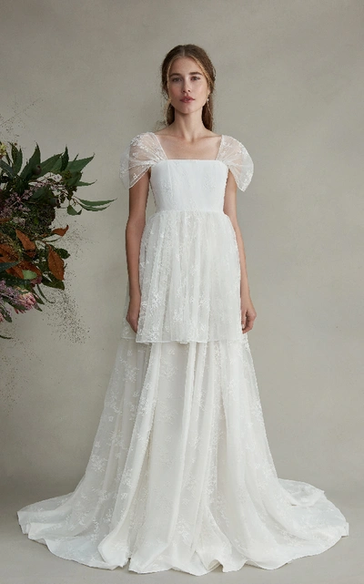 Shop Markarian Aurora Silk Tiered Dress With Draped Lace Sleeves In White