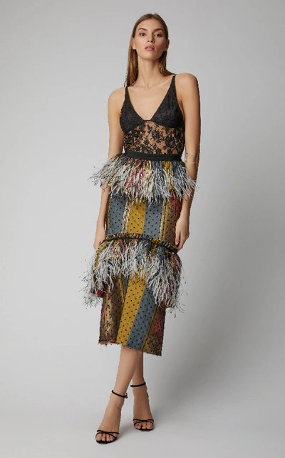 Shop Brock Collection Obfuscation Feather-trimmed Point D'esprit Skirt In Print
