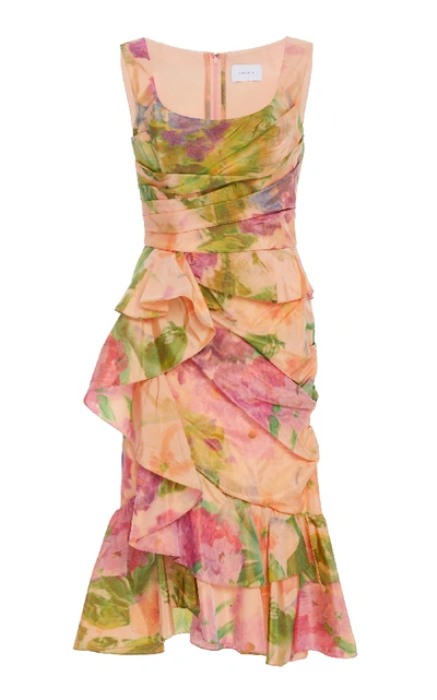 Shop Marchesa Draped Silk-taffeta Midi Dress In Print