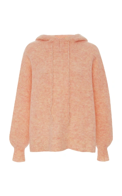 Shop Ganni Ribbed Wool-blend Hooded Top In Pink