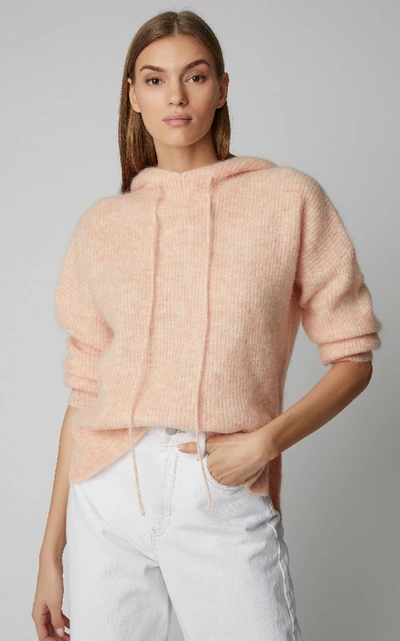 Shop Ganni Ribbed Wool-blend Hooded Top In Pink