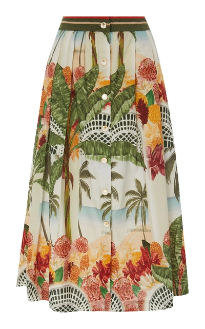 Shop Água De Coco Printed Cotton-poplin Midi Skirt