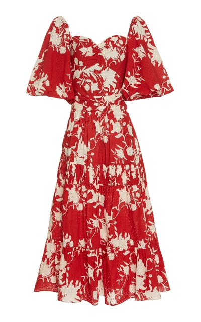 Shop Johanna Ortiz Beautiful Chaos Printed Broderie Anglaise Cotton Dress In Red