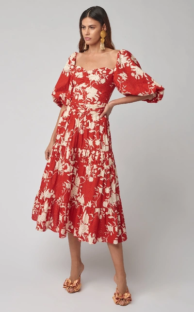 Shop Johanna Ortiz Beautiful Chaos Printed Broderie Anglaise Cotton Dress In Red