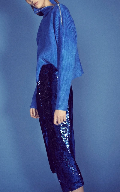 Shop Sally Lapointe Asymmetric Sequined Stretch-chiffon Pencil Skirt In Blue