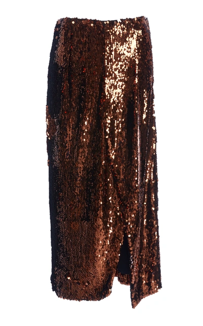 Shop Sally Lapointe Asymmetric Sequined Stretch-chiffon Pencil Skirt In Brown
