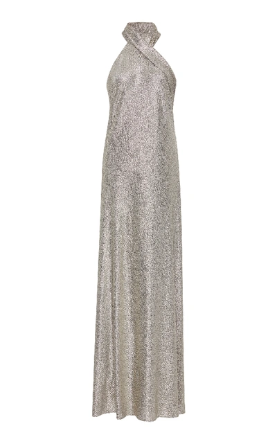 Shop Galvan Pandora Metallic Jersey Halter Dress In Silver