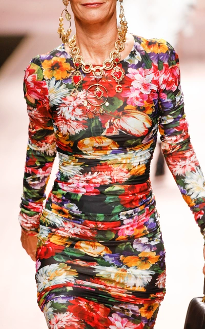 Shop Dolce & Gabbana Floral-print Ruched Jersey Midi Dress