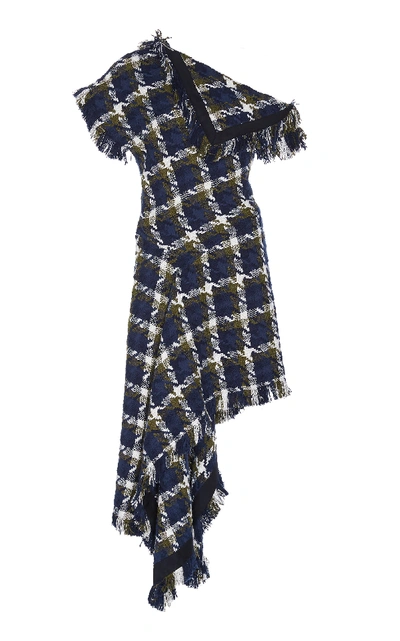 Shop Monse Asymmetric Frayed Tweed Dress In Navy