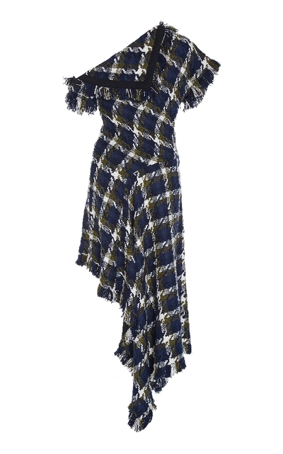 Shop Monse Asymmetric Frayed Tweed Dress In Navy