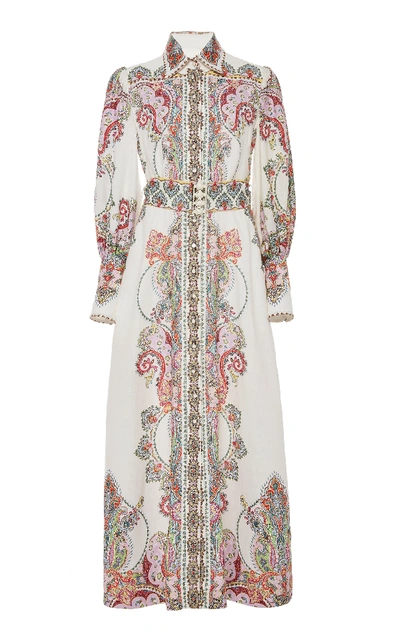 Shop Zimmermann Ninety-six Belted Linen Midi Dress In Print