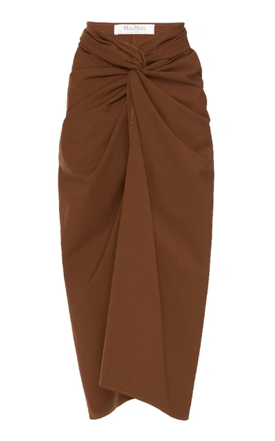 Shop Max Mara Tacito Knotted Cotton-crepe Midi Skirt In Brown