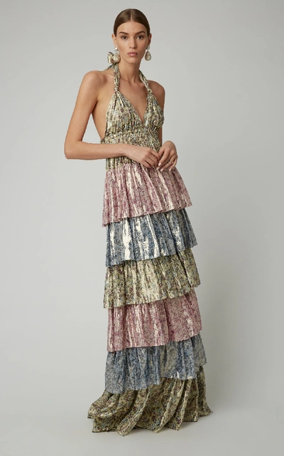 Shop Loveshackfancy Clarissa Tiered Floral Silk-blend Lamé Maxi Dress In Print