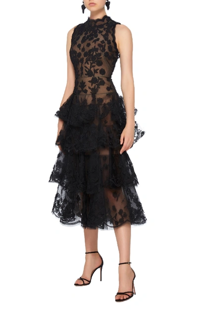 Shop Oscar De La Renta Ruffled Embroidered Floral Tulle Midi Dress In Black