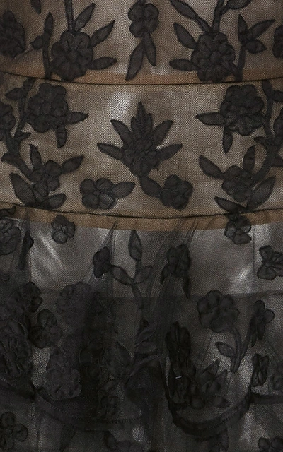 Shop Oscar De La Renta Ruffled Embroidered Floral Tulle Midi Dress In Black