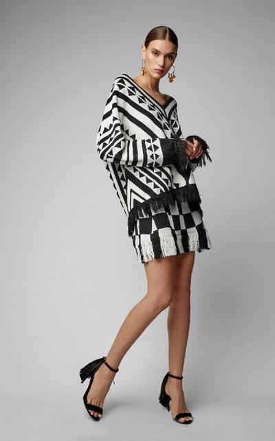 Shop Oscar De La Renta Fringed Patterned Silk-blend Sweater In Print