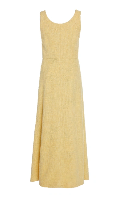 Shop Alessandra Rich Button-embellished Cotton Blend-tweed Midi Dress In Yellow