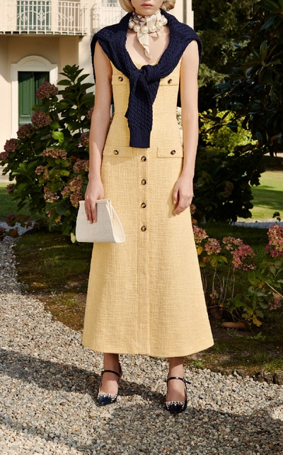 Shop Alessandra Rich Button-embellished Cotton Blend-tweed Midi Dress In Yellow