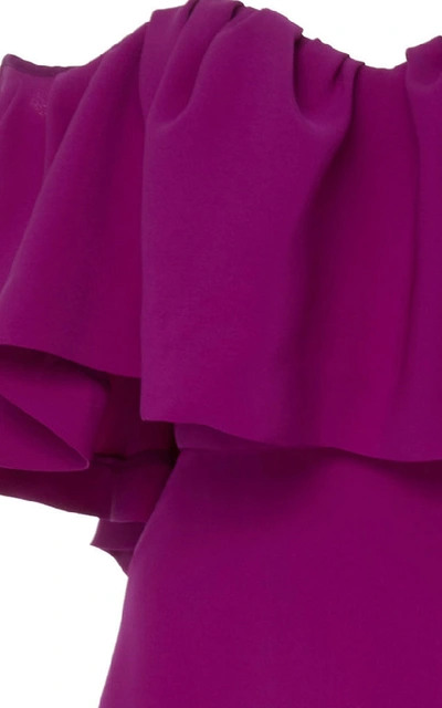 Shop Lela Rose Off-the-shoulder Ruffle Silk Maxi Dress In Purple