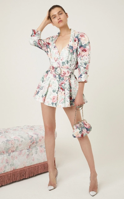 Shop Attico Belted Floral-print Cotton-gabardine Mini Dress