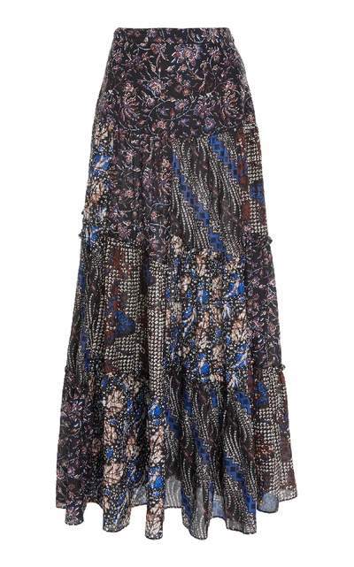 Shop Ulla Johnson Aslila Tiered Cotton-silk Maxi Skirt  In Blue