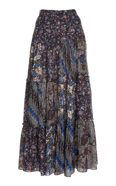 Shop Ulla Johnson Aslila Tiered Cotton-silk Maxi Skirt  In Blue