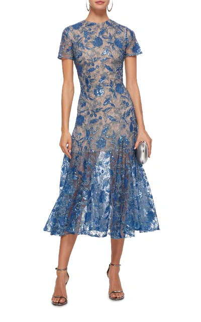 Shop Costarellos Mesh Sequin Tulle Midi Dress In Blue