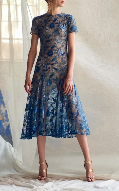 Shop Costarellos Mesh Sequin Tulle Midi Dress In Blue