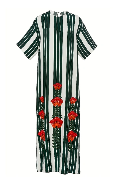 Shop Oscar De La Renta Striped Embroidered Faille Dress In Print