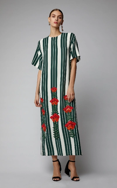 Shop Oscar De La Renta Striped Embroidered Faille Dress In Print