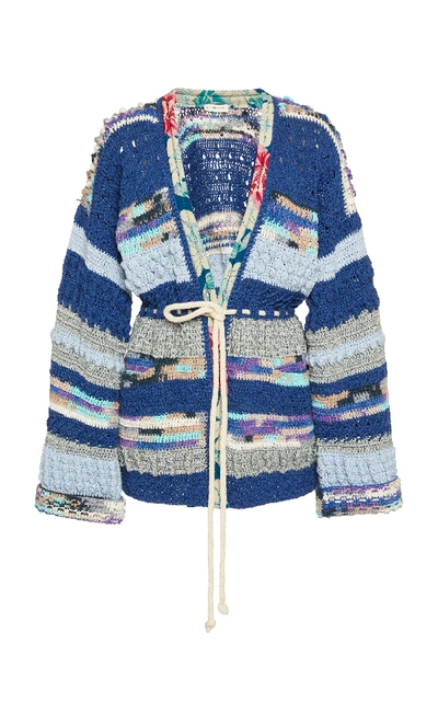 Shop Etro Silk-trimmed Crocheted Cotton And Linen-blend Cardigan In Blue