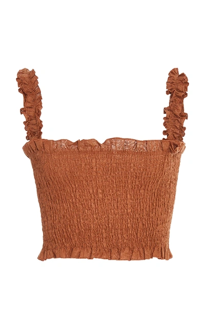 Shop Faithfull Tijana Cropped Smocked Linen Top In Brown