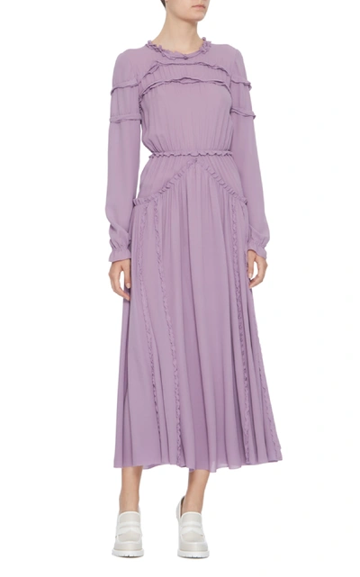 Shop Bottega Veneta Long Sleeve Georgette Dress With Ruffle Accents In Purple