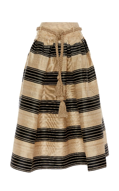 Shop Oscar De La Renta Belted Striped Wool-blend Midi Skirt