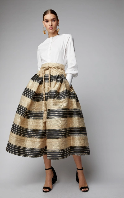 Shop Oscar De La Renta Belted Striped Wool-blend Midi Skirt