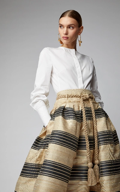 Shop Oscar De La Renta Belted Striped Wool-blend Midi Skirt
