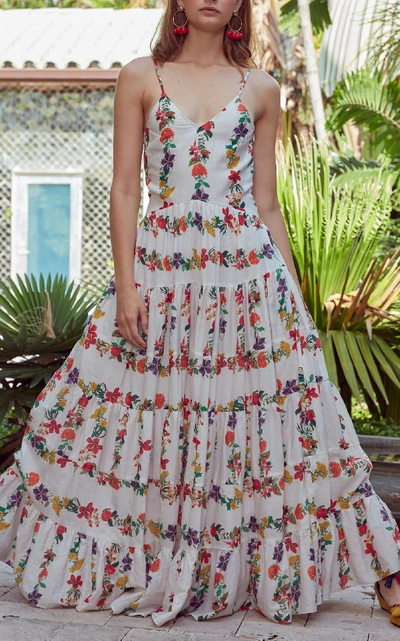 Shop Carolina K Marieta Tiered Floral Cotton-blend Maxi Dress In White