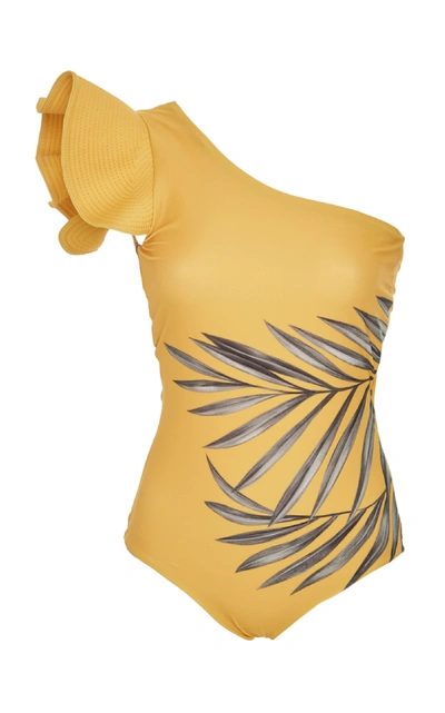 Shop Johanna Ortiz Aloha Spirit One-shoulder Printed Swimsuit In Yellow