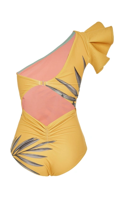 Shop Johanna Ortiz Aloha Spirit One-shoulder Printed Swimsuit In Yellow