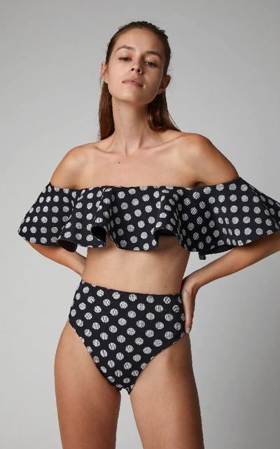 Shop Água De Coco Ruffled Polka-dot Bandeau Bikini Top In Black/white